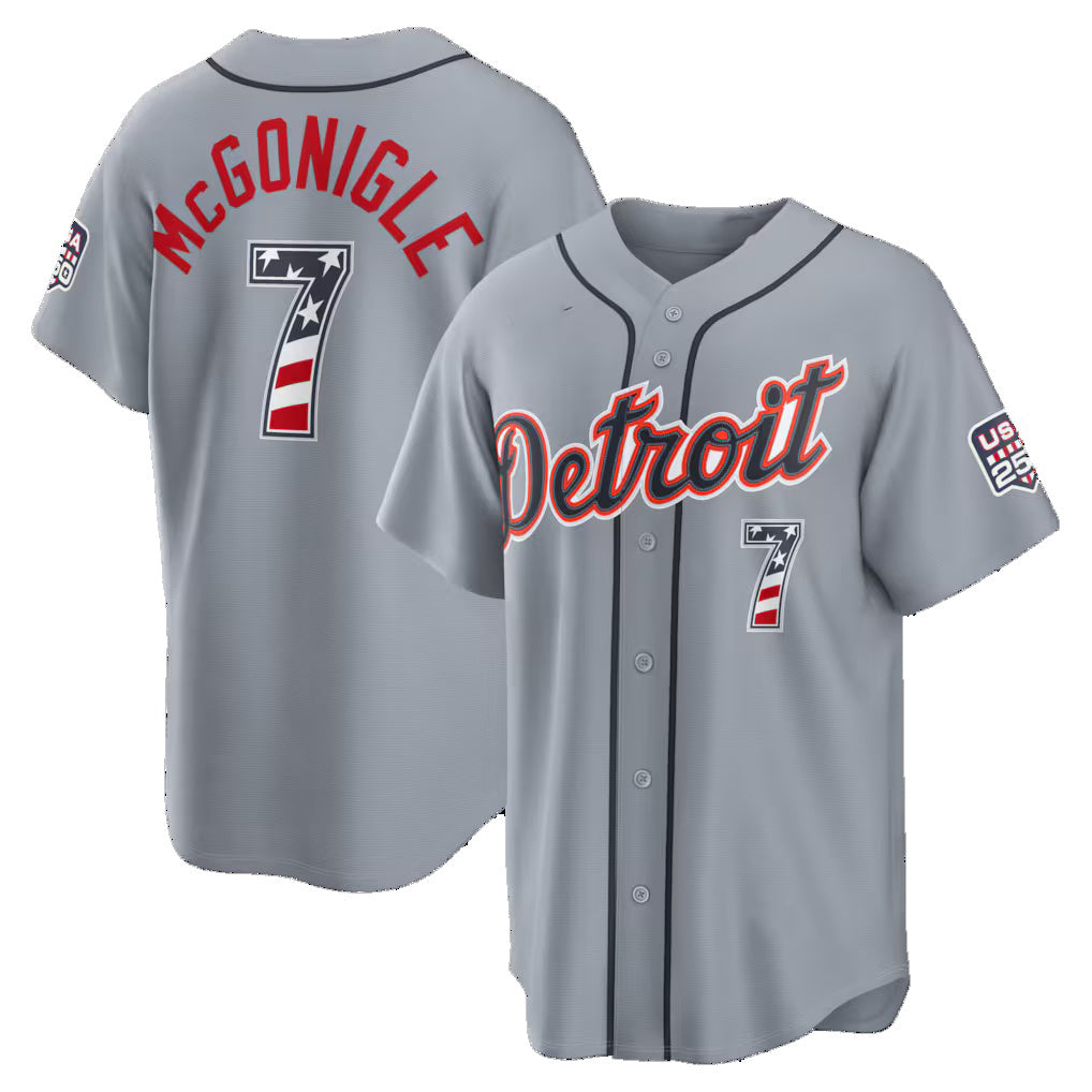 Detroit Tigers #7 Kevin McGonigle Gray Fedasgoge USA 250 Fourth of July Road Stadium Jersey