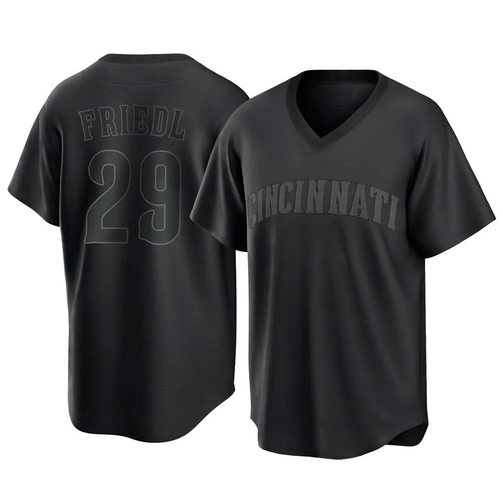 Cincinnati Reds #29 TJ Friedl Player Black Fedasgoge T-shirt Game Home Stitched Jerseys