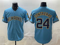 Milwaukee Brewers #24 William Contreras Blue Fedasgoge With Home & Bob Uecker Patch Stitched Jersey