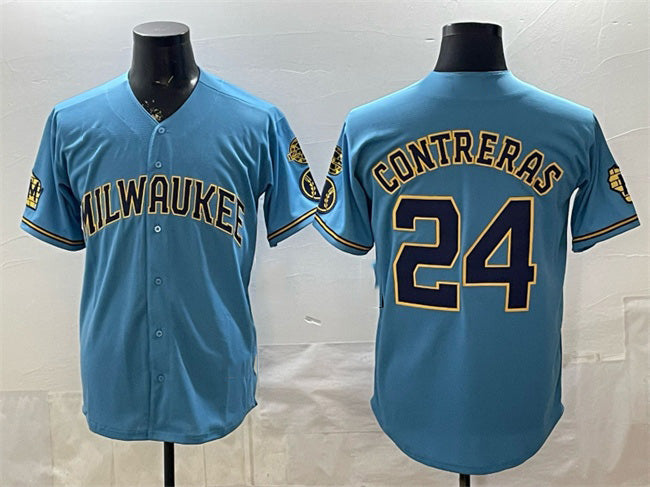 Milwaukee Brewers #24 William Contreras Blue Fedasgoge With Home & Bob Uecker Patch Stitched Jersey