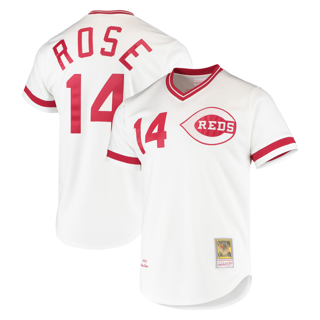Cincinnati Reds #14 Pete Rose Player White Fedasgoge Mitchell & Ness Throwback Cooperstown Mesh T-shirt Game Stitched Jerseys