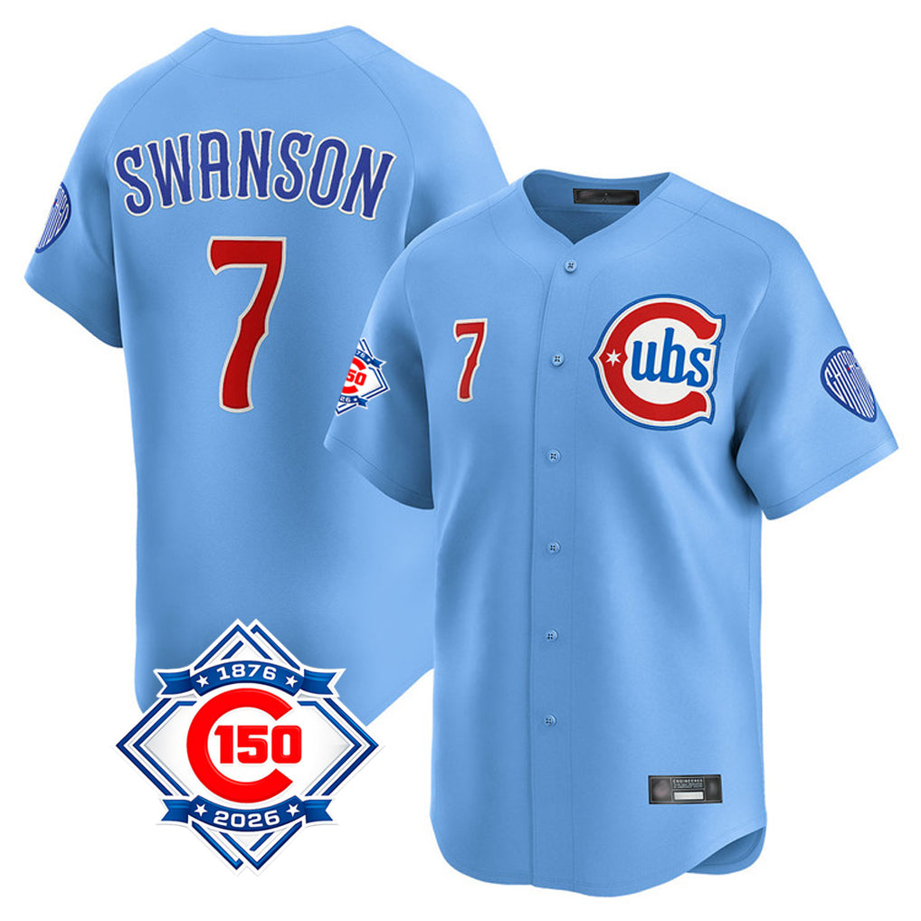Chicago Cubs #7 Dansby Swanson Player Light Blue Fedasgoge 150th Anniversary Limited Home Stitched Jerseys