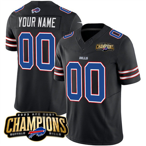 Custom B.Bills Active Player Black Fedasgoge 2023 F.U.S.E. AFC East Champions Ptach Stitched Jersey