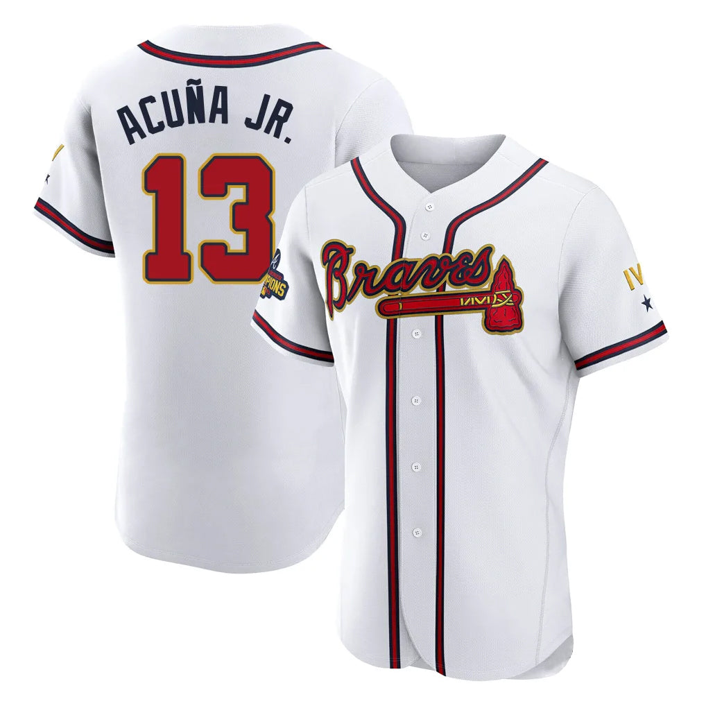 Atlanta Braves #13 Ronald Acuna Jr Player White Gold Fedasgoge Limited Elite Home Game Stitched Jerseys