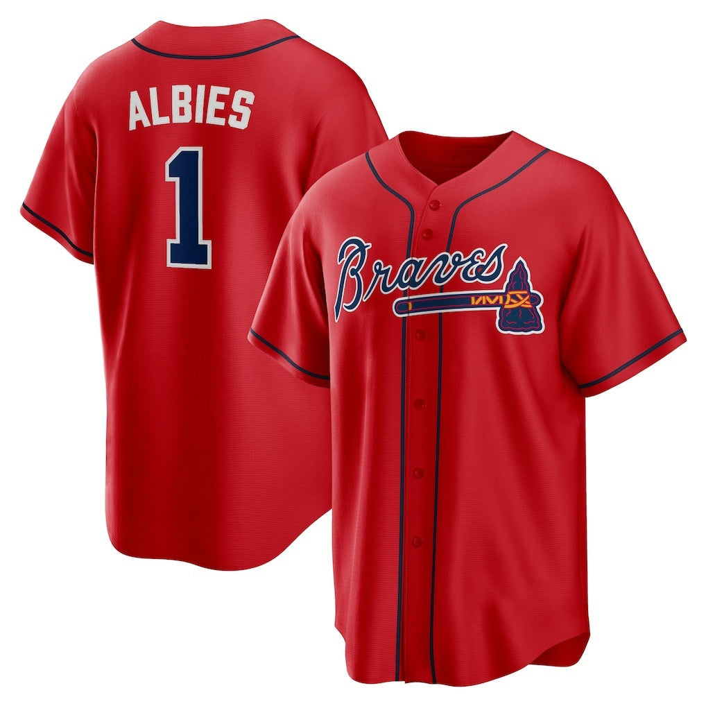 Atlanta Braves #1 Ozzie Albies Red FOULKSSHOP Alternate 2 Replica Jersey