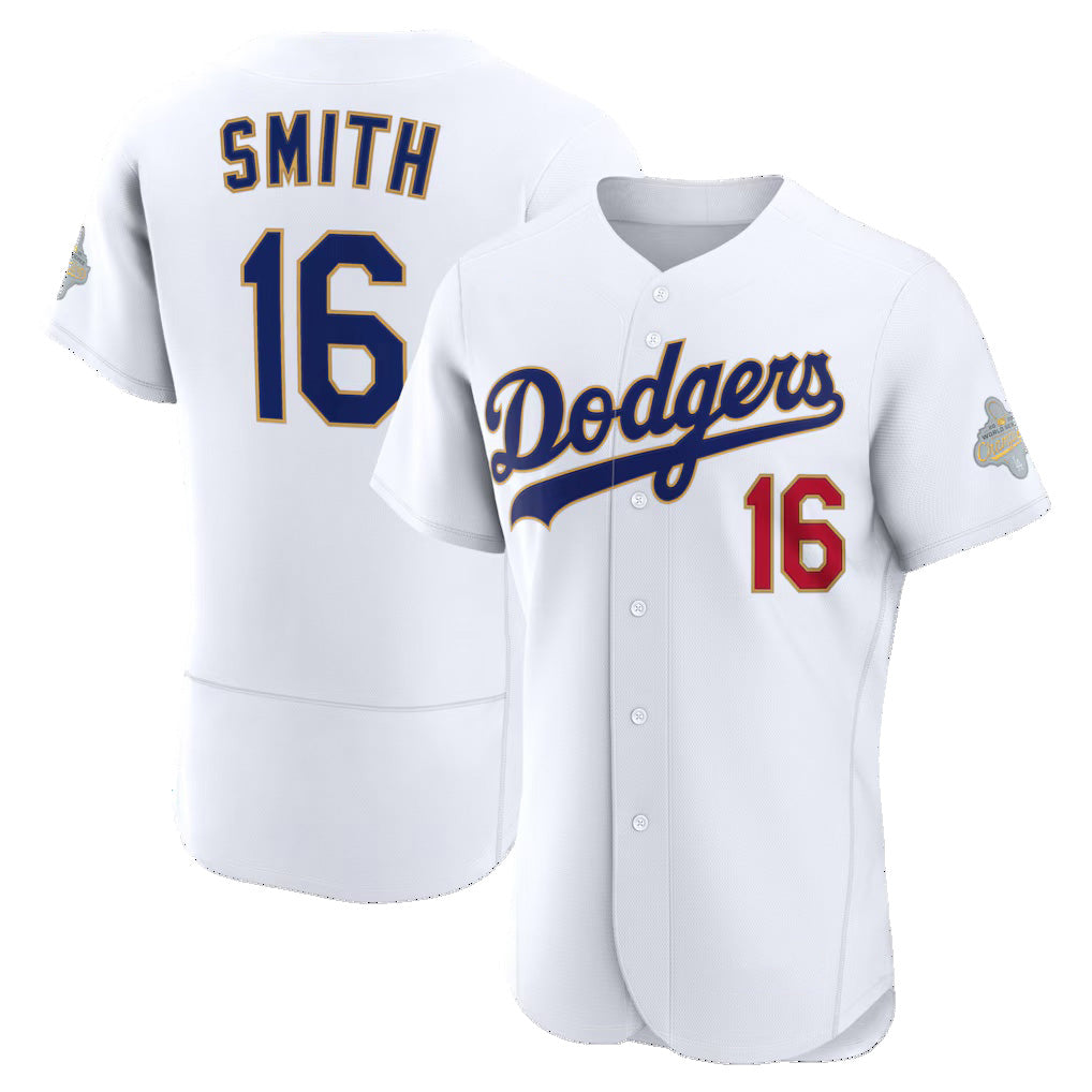 Los Angeles Dodgers #16 Will Smith White Fedasgoge 2026 Gold Collection Authentic Jersey
