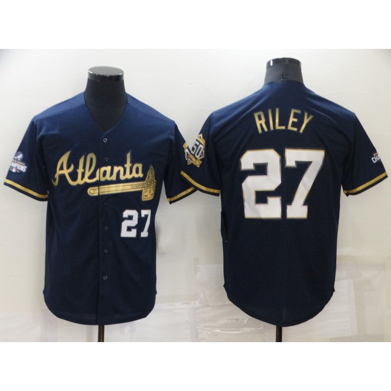 Atlanta Braves #27 Austin Riley 2022 Navy Blue FOULKSSHOP 2021 World Series Champions Golden Edition Stitched Cool Base Jersey