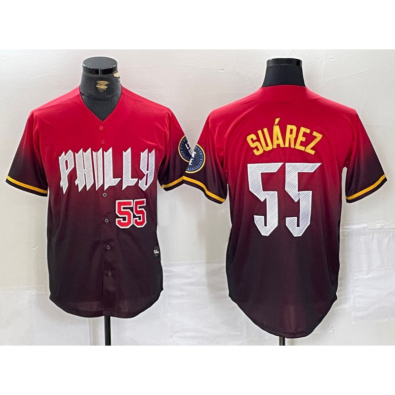 Philadelphia Phillies #55 Ranger Suarez Red Fedasgoge 2024 City Player Number Cool Base Jerseys