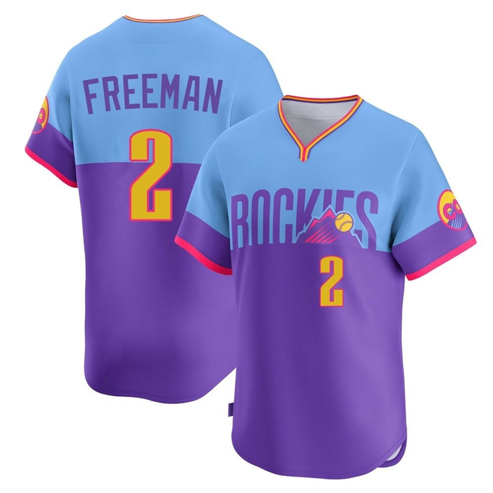 Colorado Rockies #2 Tyler Freeman Player Purple-Light Blue Fedasgoge City Connect Limited Home T-shirt Stitched Jerseys