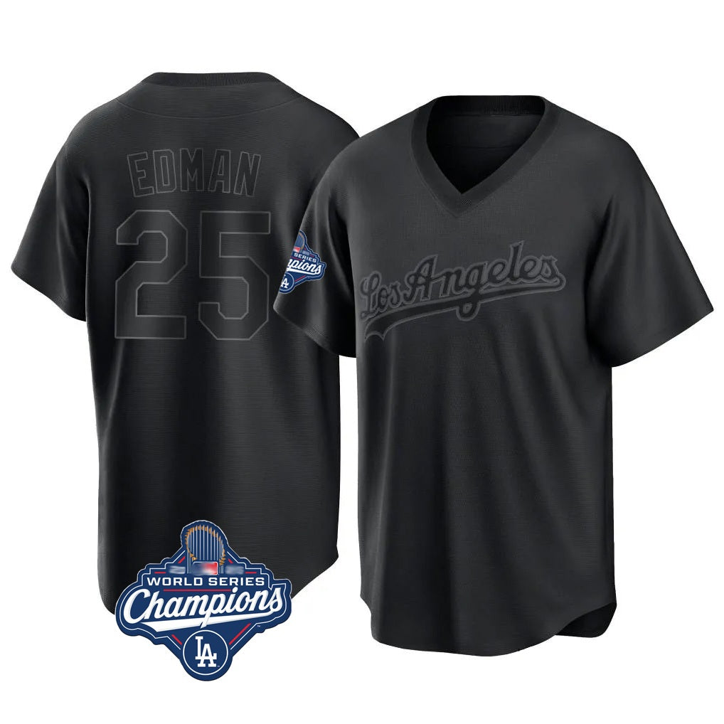 Los Angeles Dodgers #25 Tommy Edman Player Black Fedasgoge World Series Meet Pitch Fashion T-shirt Stitched Jerseys