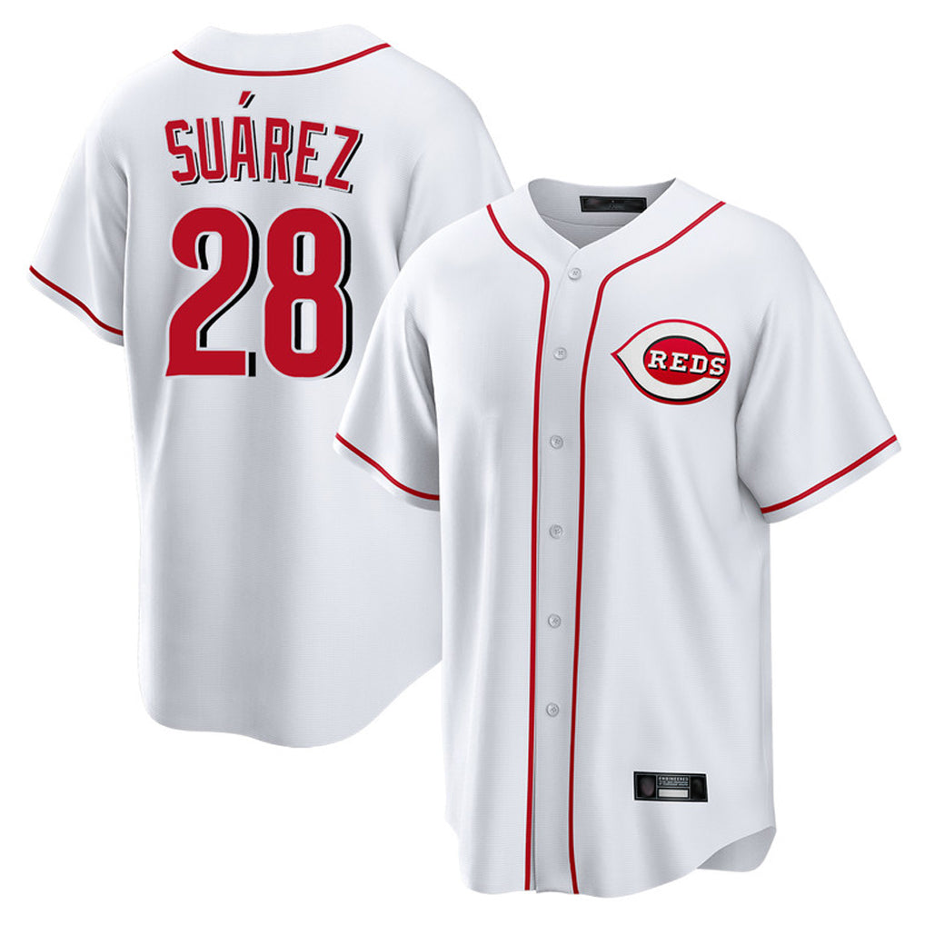 Cincinnati Reds #28 Eugenio Su¨¢rez Player White Fedasgoge Game Home Stitched Jerseys
