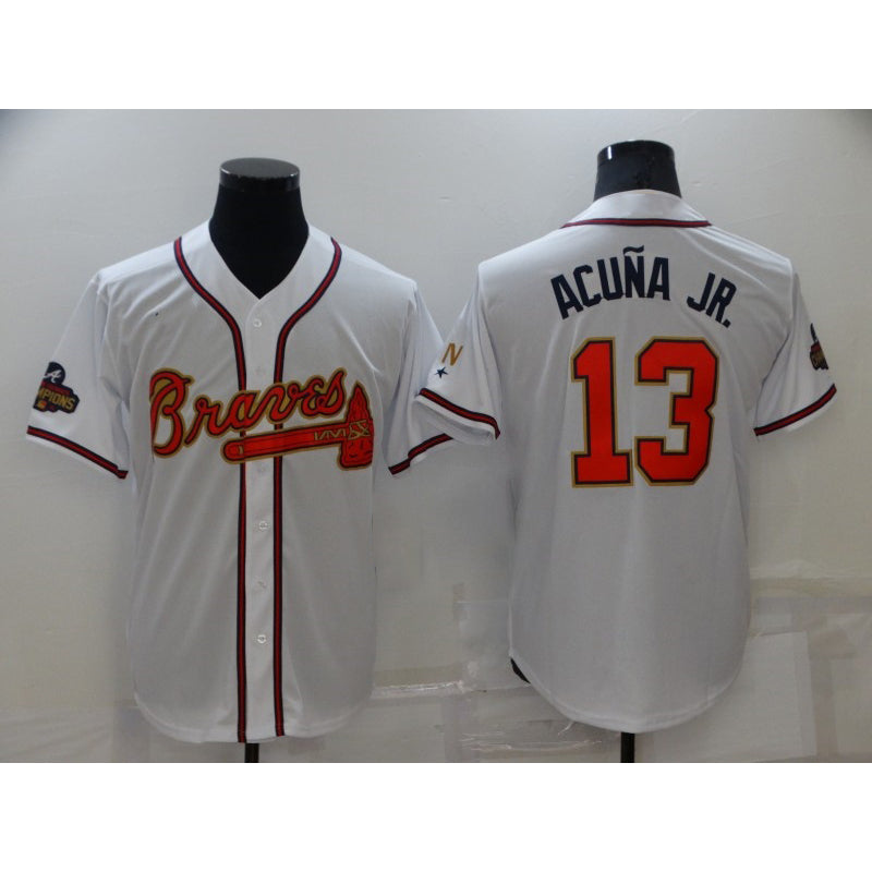 Atlanta Braves #13 Ronald Acuna Jr 2022 White Gold FOULKSSHOP World Series Champions Program Cool Base Stitched Jersey