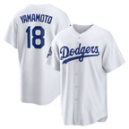 Los Angeles Dodgers #18 Yoshinobu Yamamoto White Fedasgoge 2025 World Series Champions Home Replica Jersey