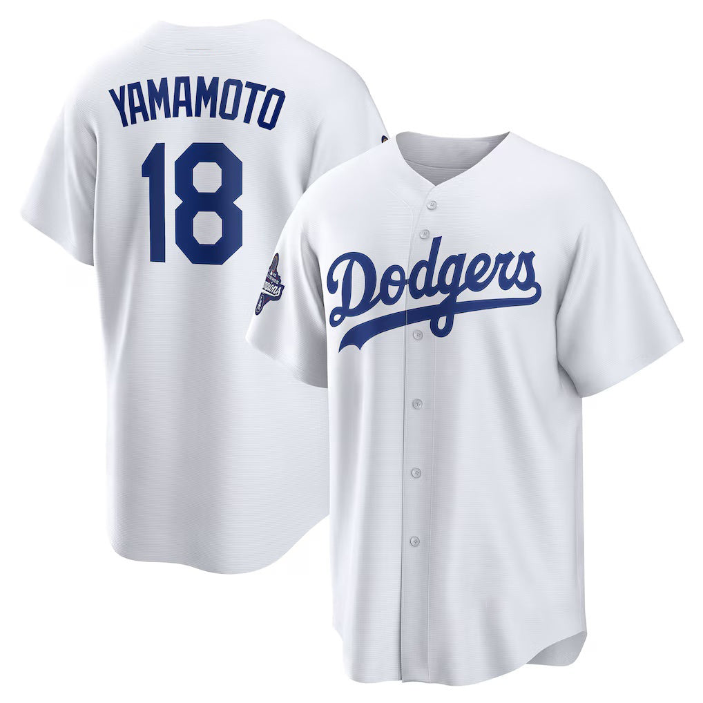 Los Angeles Dodgers #18 Yoshinobu Yamamoto White Fedasgoge 2025 World Series Champions Home Replica Jersey