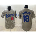 Los Angeles Dodgers #18 Yoshinobu Yamamoto Gray Fedasgoge 2025 World Series Champions Patch Stitched Jersey