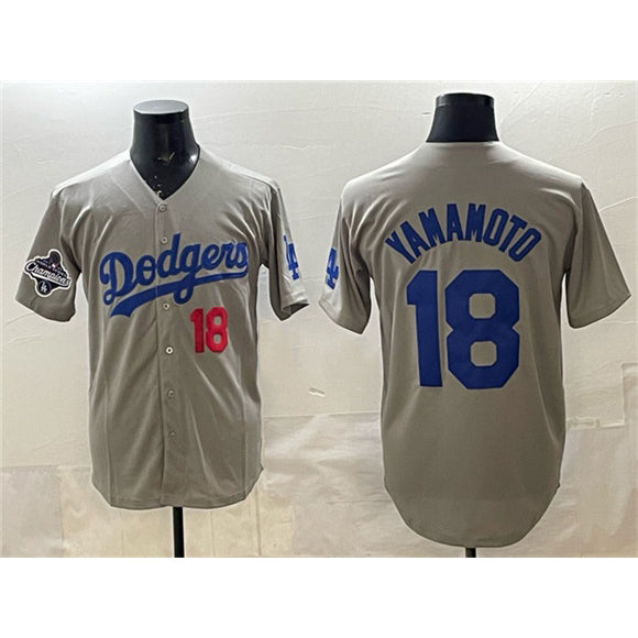 Los Angeles Dodgers #18 Yoshinobu Yamamoto Gray Fedasgoge 2025 World Series Champions Patch Stitched Jersey