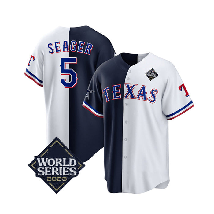 Texas Rangers & Cowboys #5 Corey Seager Navy Fedasgoge White 2023 World Series Splite Stitched Jersey