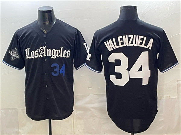 Los Angeles Dodgers #34 Fernando Valenzuela Black Fedasgoge 2025 World Series Champions Patch 'Gothic Edition' Vapor Premier Limited Stitched Jersey