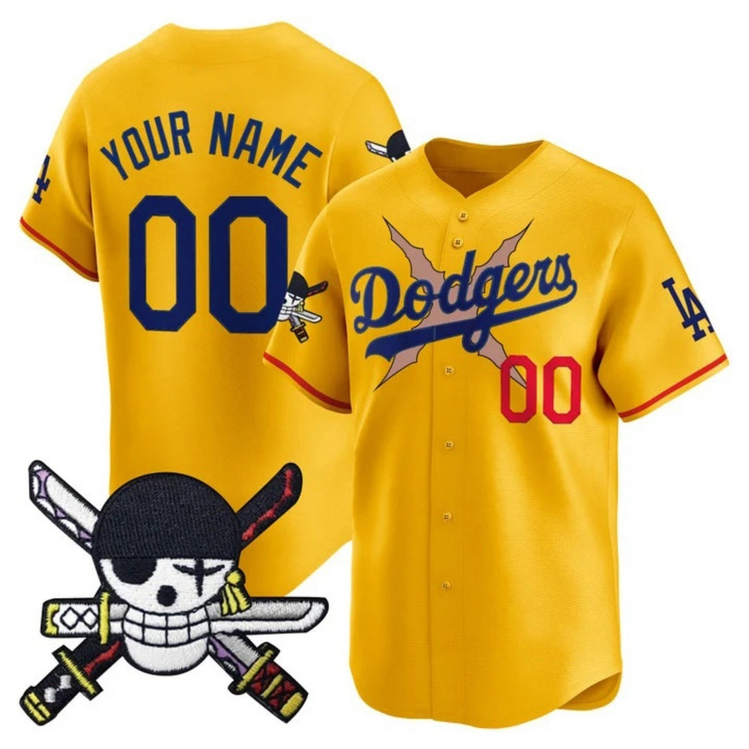 Custom Los Angeles Dodgers x One Piece Gold Fedasgoge Zoro Patch Vapor Premier Limited Jersey - Stitched