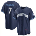 Chicago Cubs #7 Dansby Swanson Navy Fedasgoge City Connect Cool Base Stitched Jersey