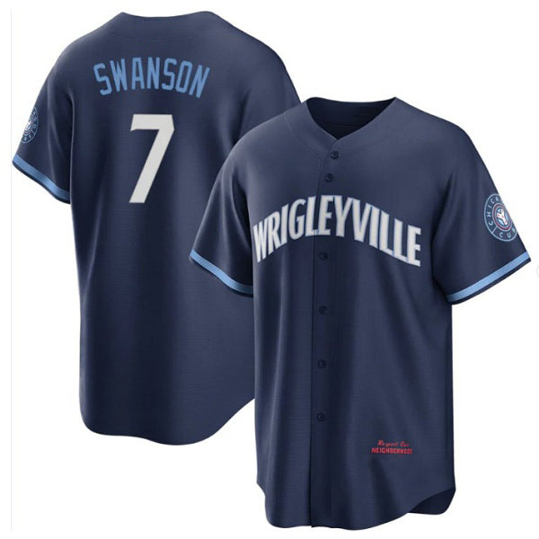 Chicago Cubs #7 Dansby Swanson Navy Fedasgoge City Connect Cool Base Stitched Jersey