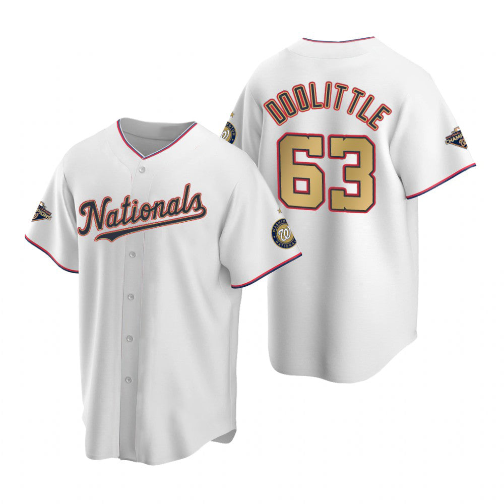 Washington Nationals #63 Sean Doolittle White Gold Fedasgoge 2019 World Series Champions Stitched Cool Base Jersey