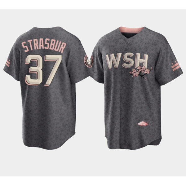 Washington Nationals #37 Stephen Strasburg 2022 Grey Fedasgoge City Connect Cherry Blossom Cool Base Stitched Jersey