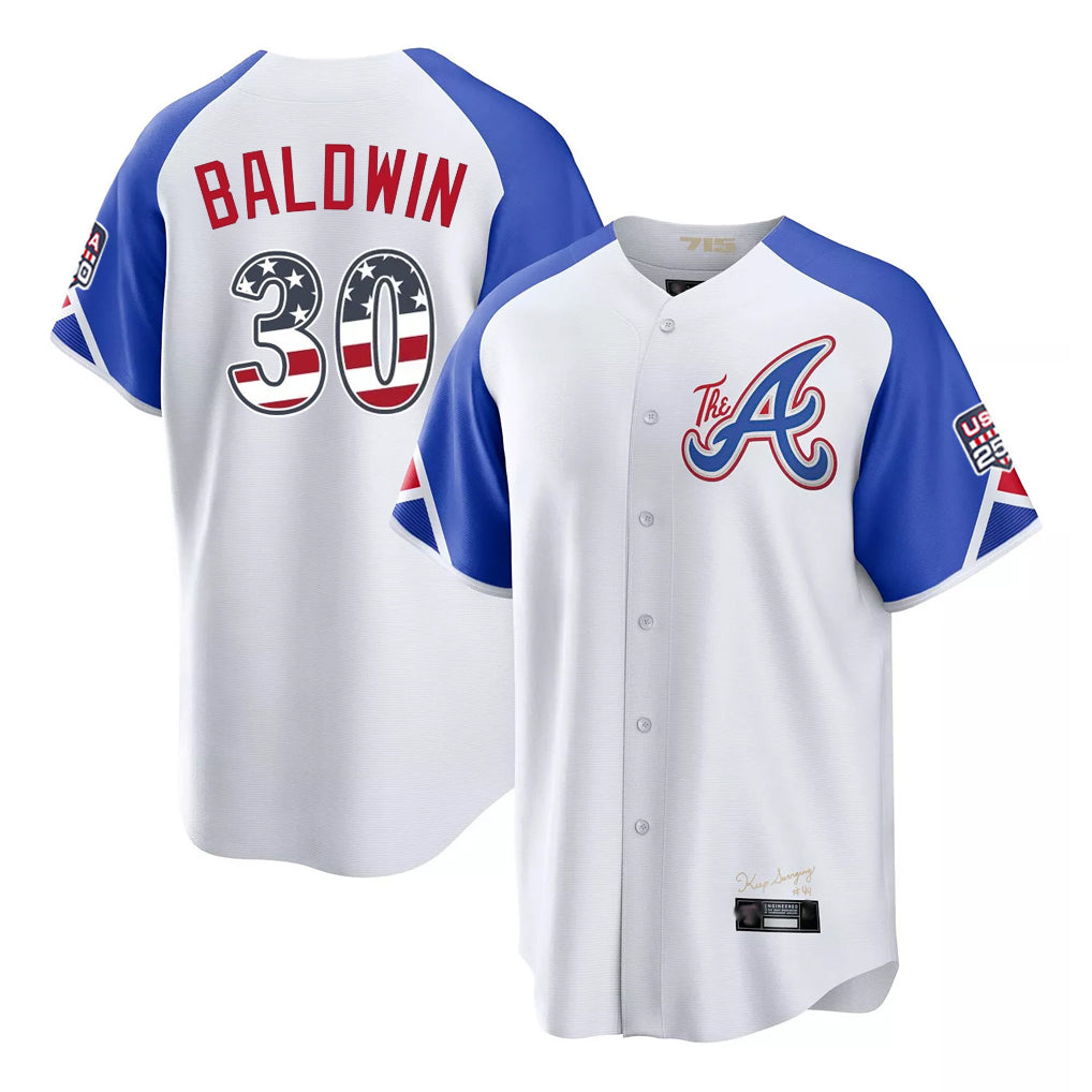 Atlanta Braves #30 Drake Baldwin Player White Fedasgoge USA 250 Fourth Of July City Connect Home Game Stitched Jerseys
