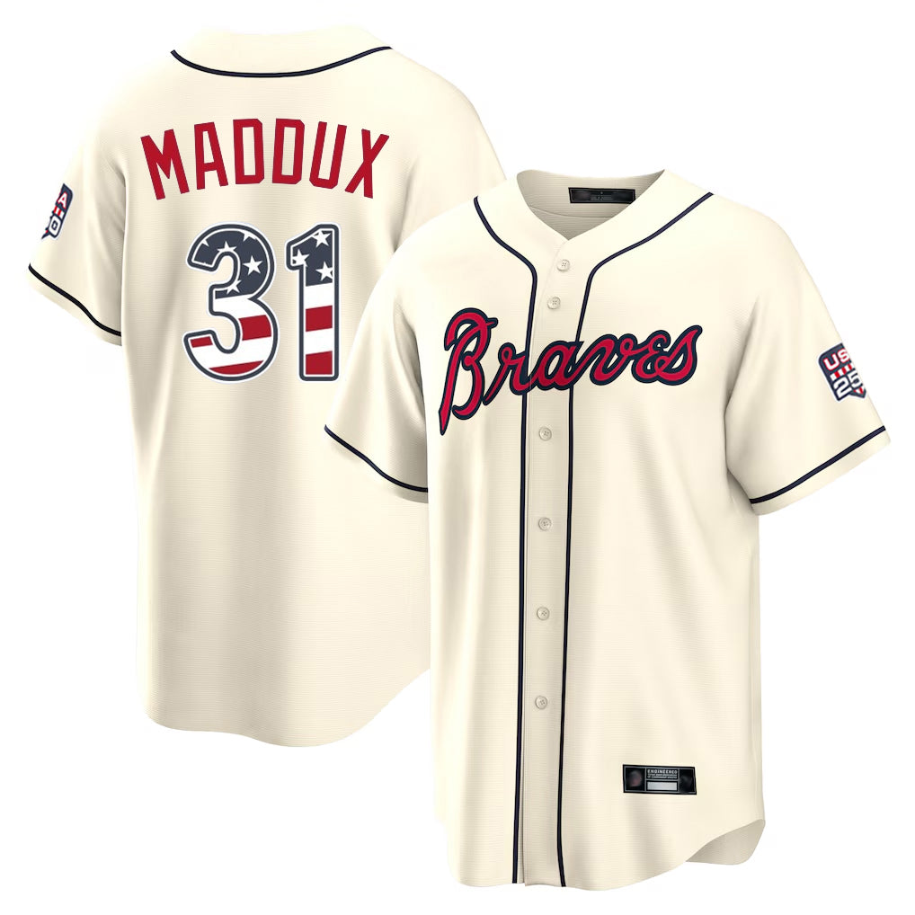 Atlanta Braves #31 Greg Maddux Player Cream Fedasgoge USA 250 Fourth Of July Limited Home Game Stitched Jerseys