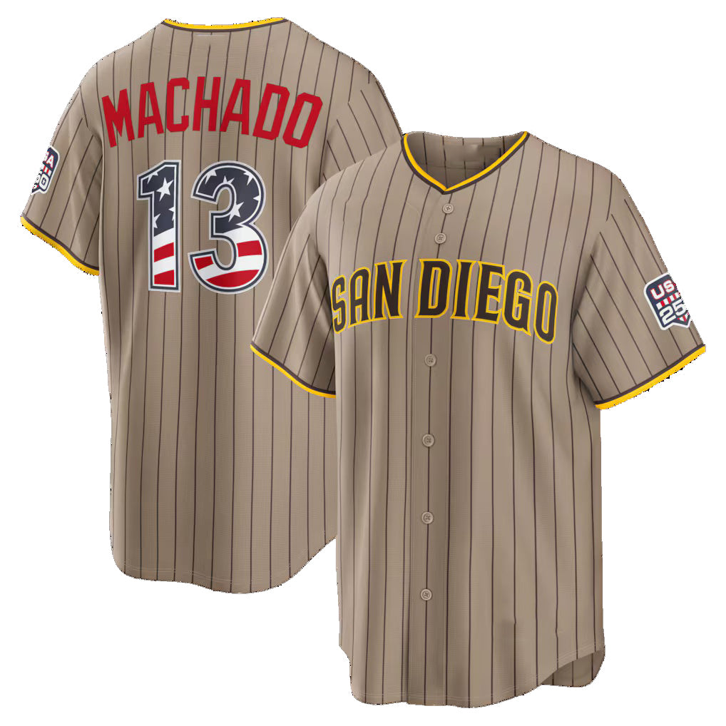 San Diego Padres #13 Manny Machado USA 250 Fourth of July Alternate Stadium Jersey - Sand Fedasgoge