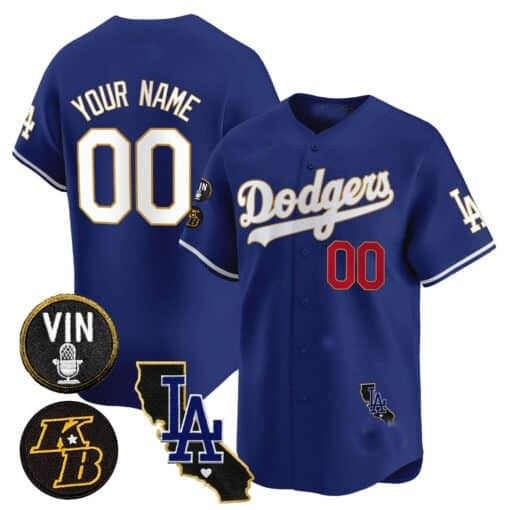 Custom Los Angeles Dodgers Vin Patch & Kobe Bryant Gold Trim Vapor Premier Limited Jersey V2 ¨C Royal Fedasgoge