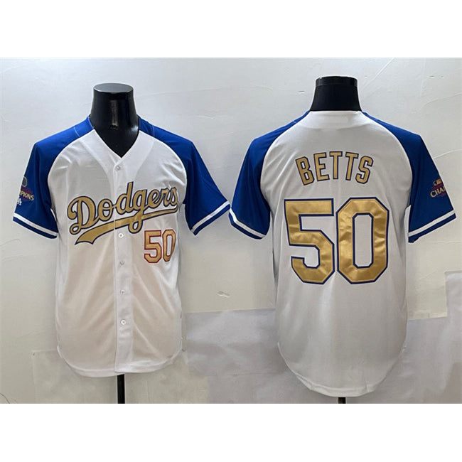 Los Angeles Dodgers #50 Mookie Betts White Royal Gold Fedasgoge 2024 World Series Champions Vapor Limited Stitched Jersey