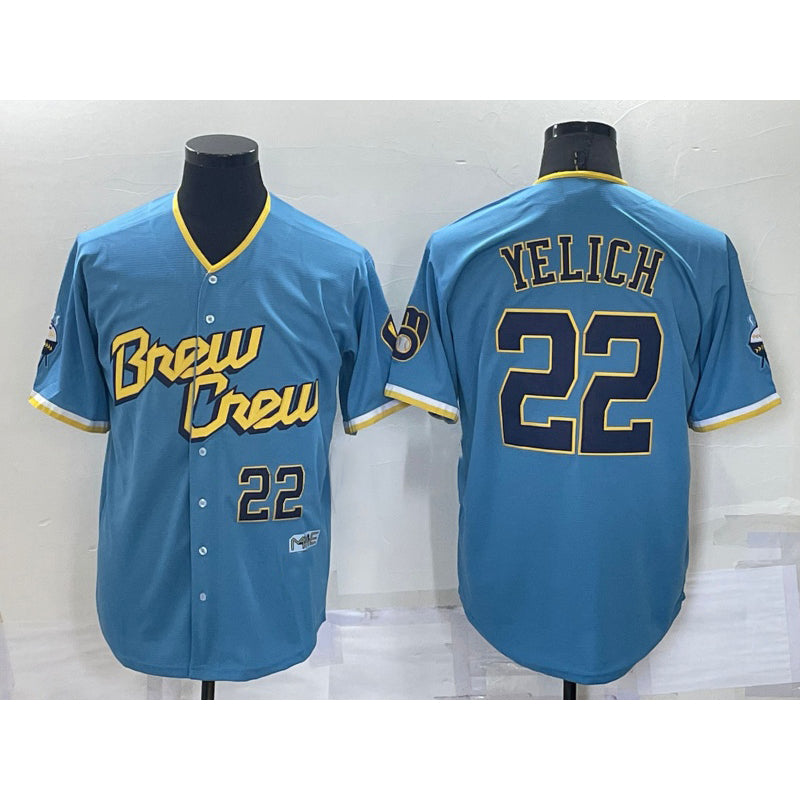 Milwaukee Brewers #22 Christian Yelich Number Blue Fedasgoge 2022 City Connect Cool Base Stitched Jersey