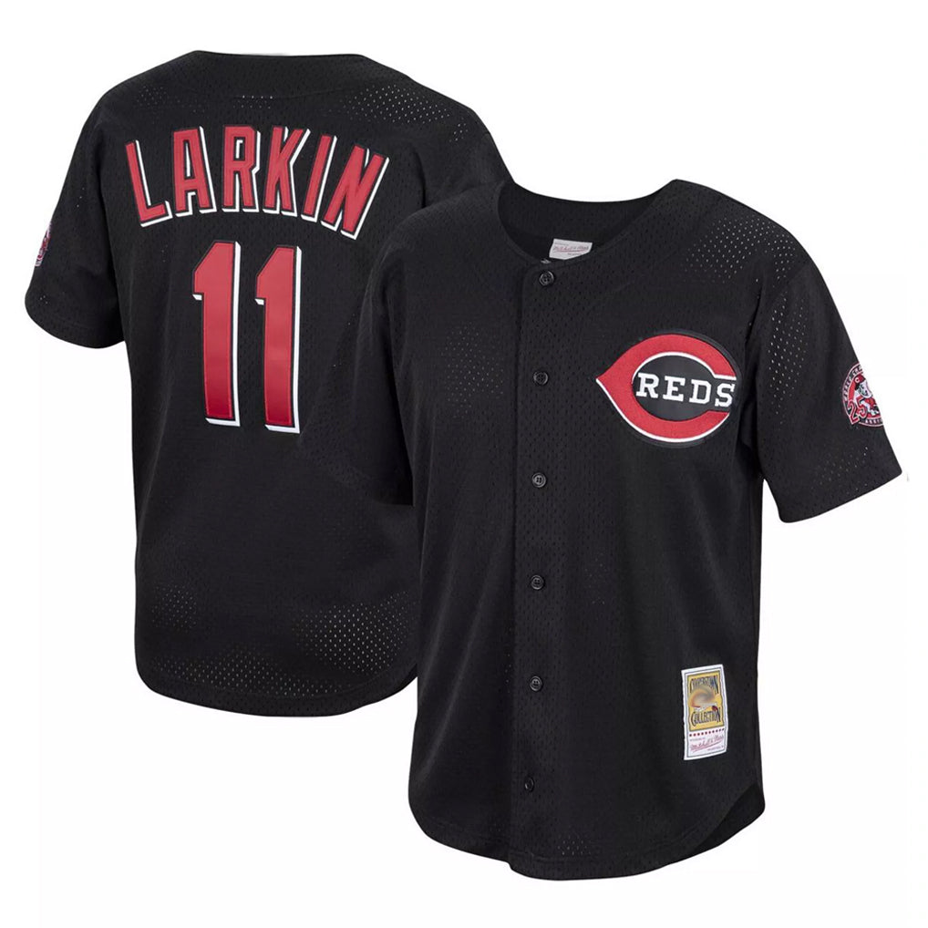 Cincinnati Reds #11 Barry Larkin Player Black Fedasgoge Mitchell & Ness Throwback Cooperstown Mesh Game Stitched Jerseys
