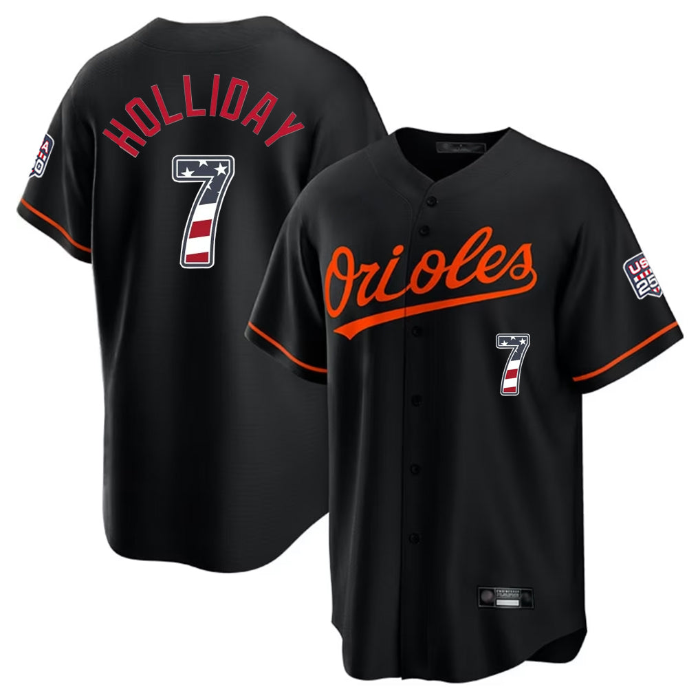 Baltimore Orioles #7 Jackson Holliday Player Black Fedasgoge USA 250 Fourth of July Home Game Stitched Jerseys