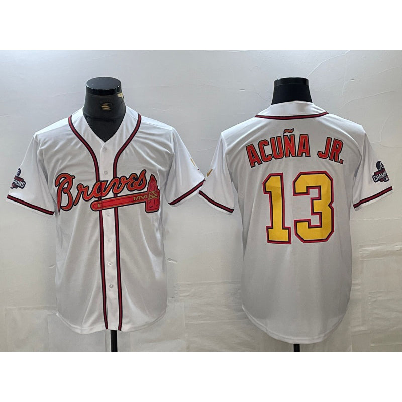 Atlanta Braves #13 Ronald Acuna Jr White Gold FOULKSSHOP 2021 World Series Champions Stitched Cool Base Jersey