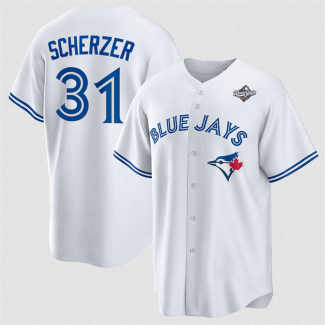 Toronto Blue Jays #31 Max Scherzer White Fedasgoge 2025 World Series Home Cool Base Stitched Jersey