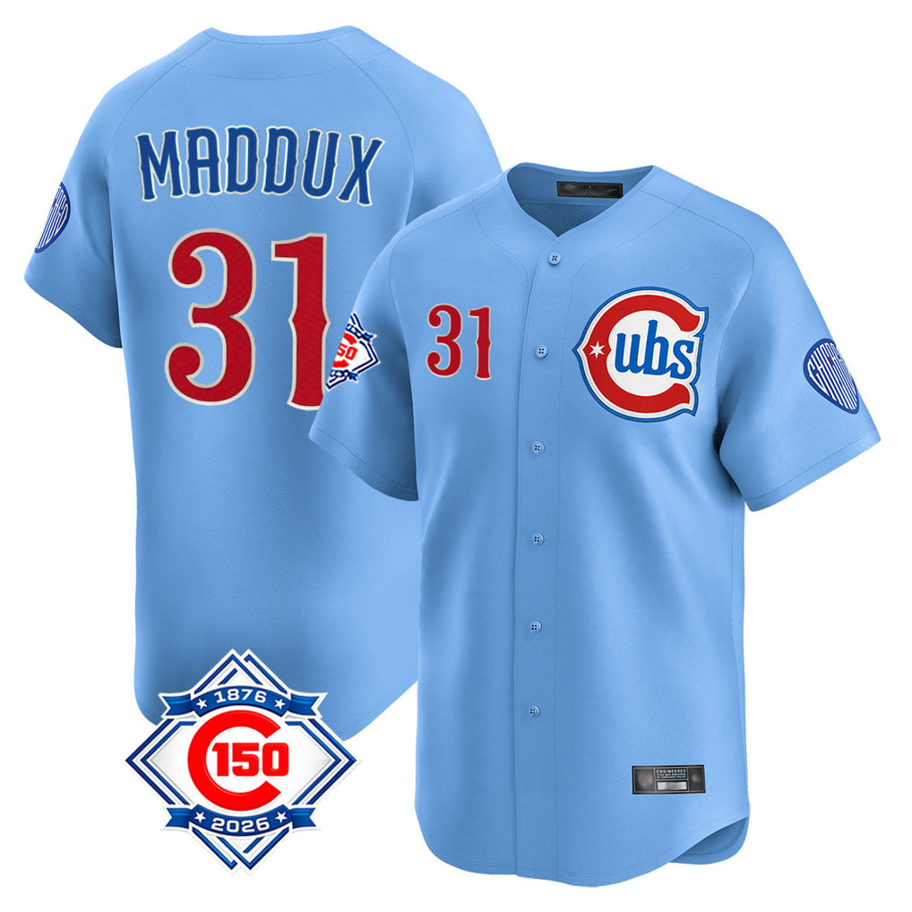 Chicago Cubs #31 Greg Maddux Player Light Blue Fedasgoge 150th Anniversary Limited Home Stitched Jerseys