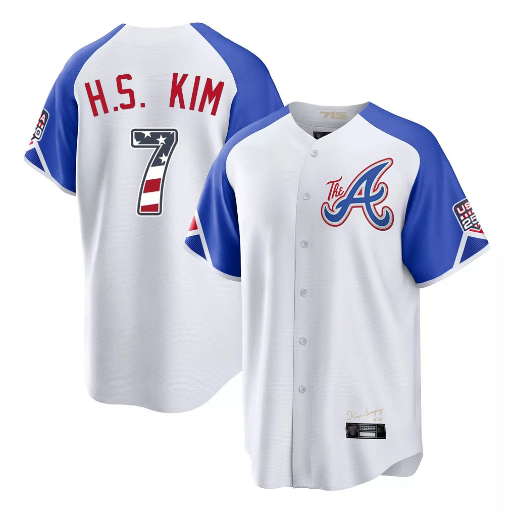 Atlanta Braves #7 Ha-Seong Kim Player White Fedasgoge USA 250 Fourth Of July City Connect Home Game Stitched Jerseys