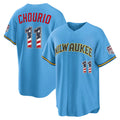 Milwaukee Brewers #11 Jackson Chourio USA 250 Fourth of July Road Stadium Jersey - Light Blue Fedasgoge