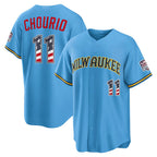 Milwaukee Brewers #11 Jackson Chourio USA 250 Fourth of July Road Stadium Jersey - Light Blue Fedasgoge