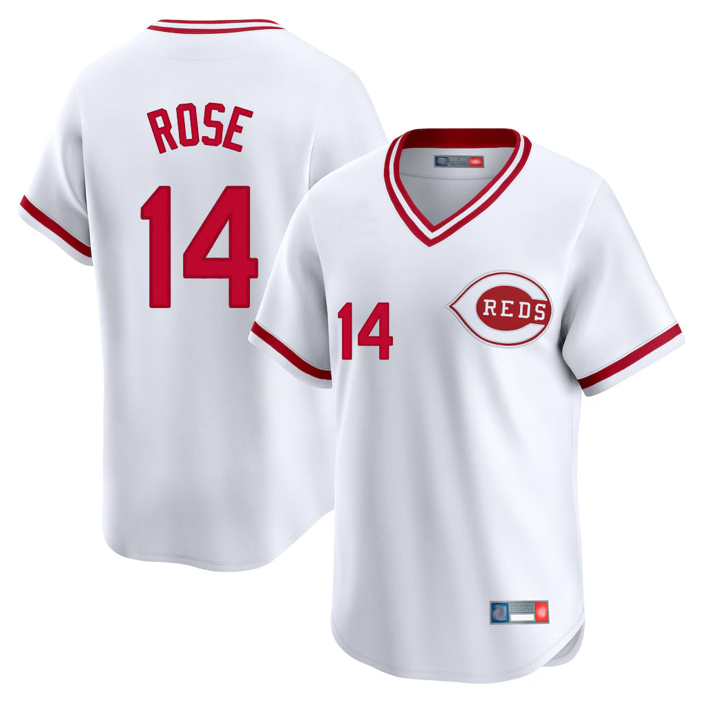 Cincinnati Reds #14 Pete Rose Player White Fedasgoge Cooperstown Collection Limited T-shirt Home Stitched Jerseys