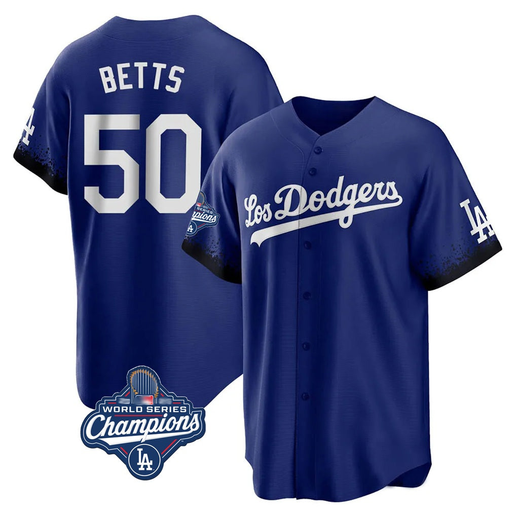 Los Angeles Dodgers #50 Mookie Betts Player Royal Fedasgoge World Series Meet City Connect Home Game Stitched Jerseys