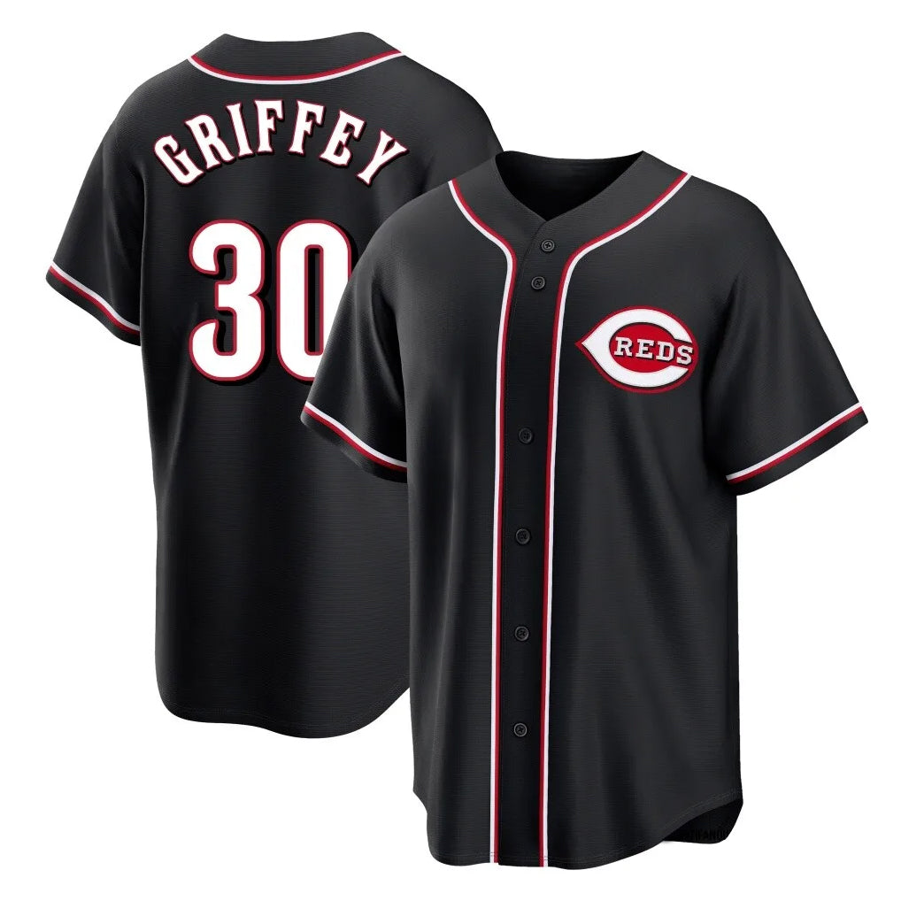 Cincinnati Reds #30 Ken Griffey Player Black Fedasgoge Fashion Out Home Game Stitched Jerseys