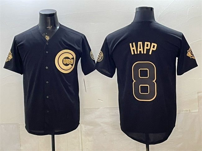Chicago Cubs #8 lan Happ Black Gold Fedasgoge 150th Anniversary Patch Stitched Jersey