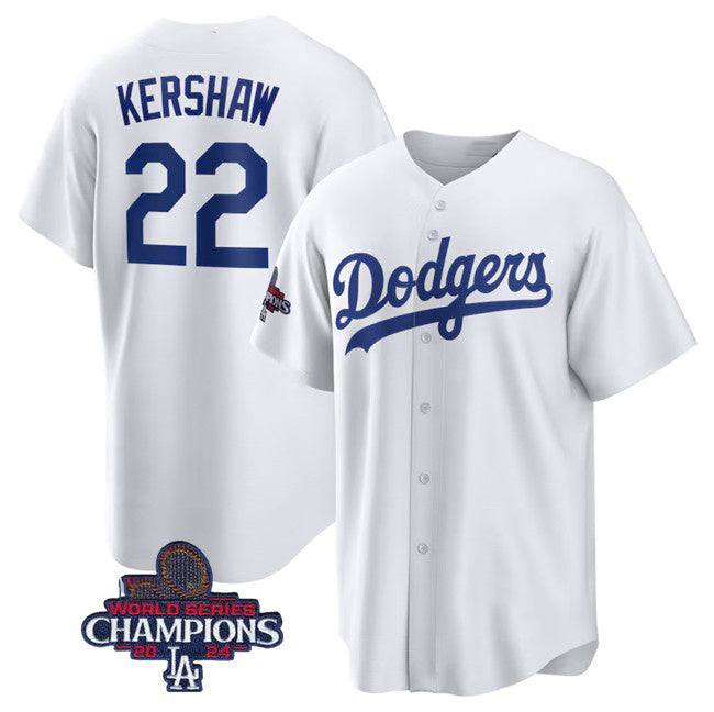 Los Angeles Dodgers #22 Clayton Kershaw White Fedasgoge 2024 World Series Champions Cool Base Stitched Jersey