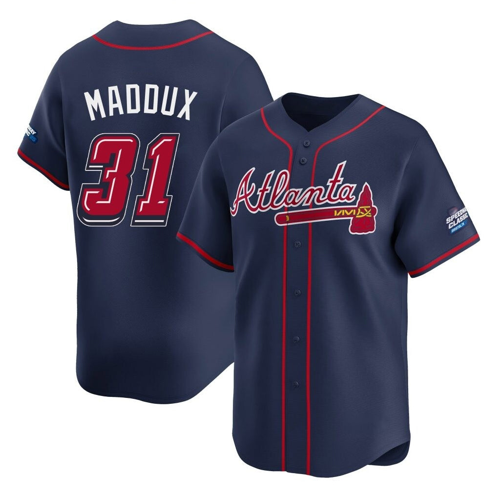 Atlanta Braves #31 Greg Maddux Player Navy Fedasgoge 2025 Speedway Classic Home Game Stitched Jerseys
