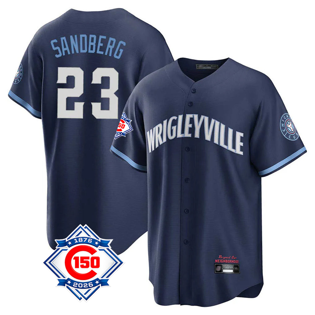 Chicago Cubs #23 Ryne Sandberg Player Navy Fedasgoge 150th Anniversary City Connect Home Game Stitched Jerseys