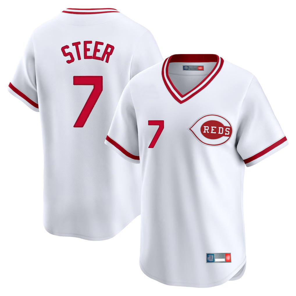 Cincinnati Reds #7 Spencer Steer Player White Fedasgoge Cooperstown Collection Limited T-shirt Home Stitched Jerseys