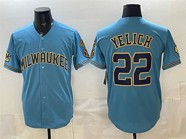 Milwaukee Brewers #22 Christian Yelich Blue Fedasgoge With Home & Bob Uecker Patch Stitched Jersey